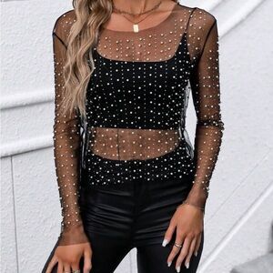New SHEIN Black Mesh Beaded Top